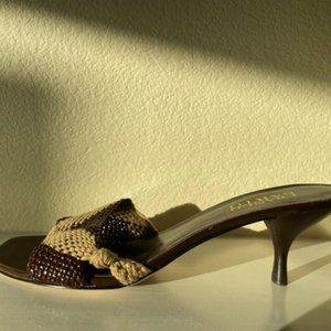 NIB Franco Sarto Chocolate Brown & Taupe Woven Mules with Kitten Heels 7.5M